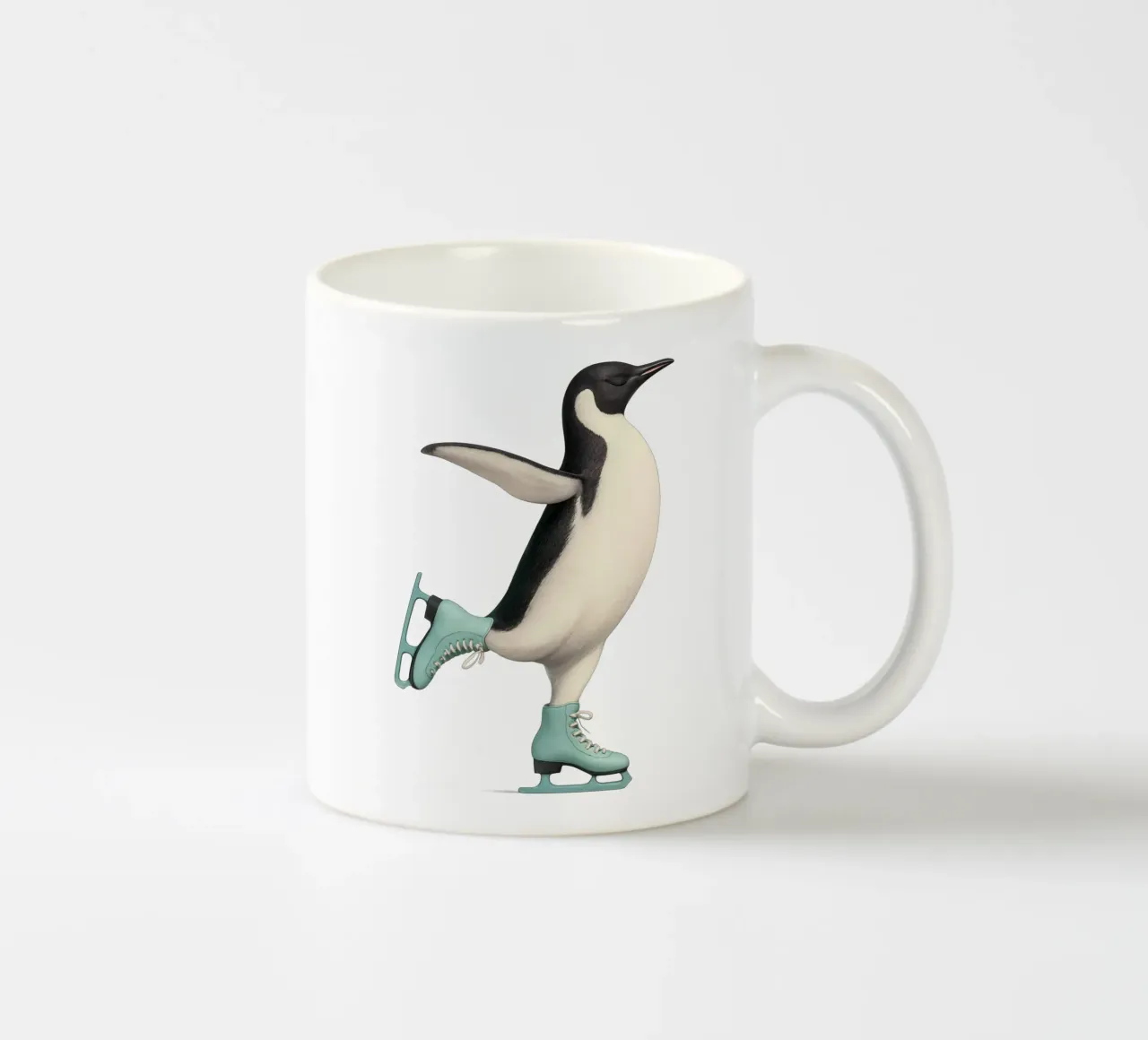 Penguin Dancing on Ice Skates – Winter Joy in Mint Green ceramic mug by Lootprint