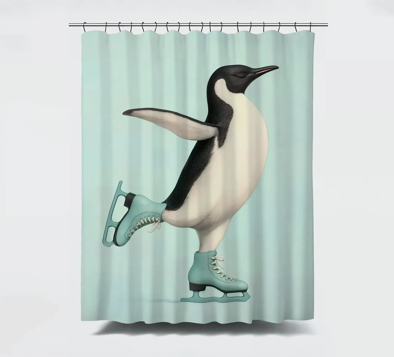 Penguin Dancing on Ice Skates – Winter Joy in Mint Green shower curtain by Lootprint