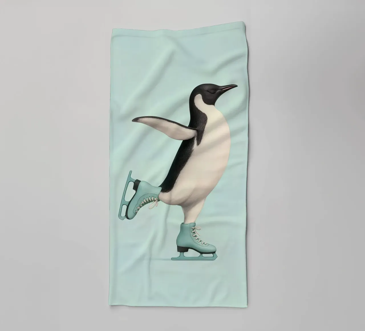 Penguin Dancing on Ice Skates – Winter Joy in Mint Green towel by Lootprint