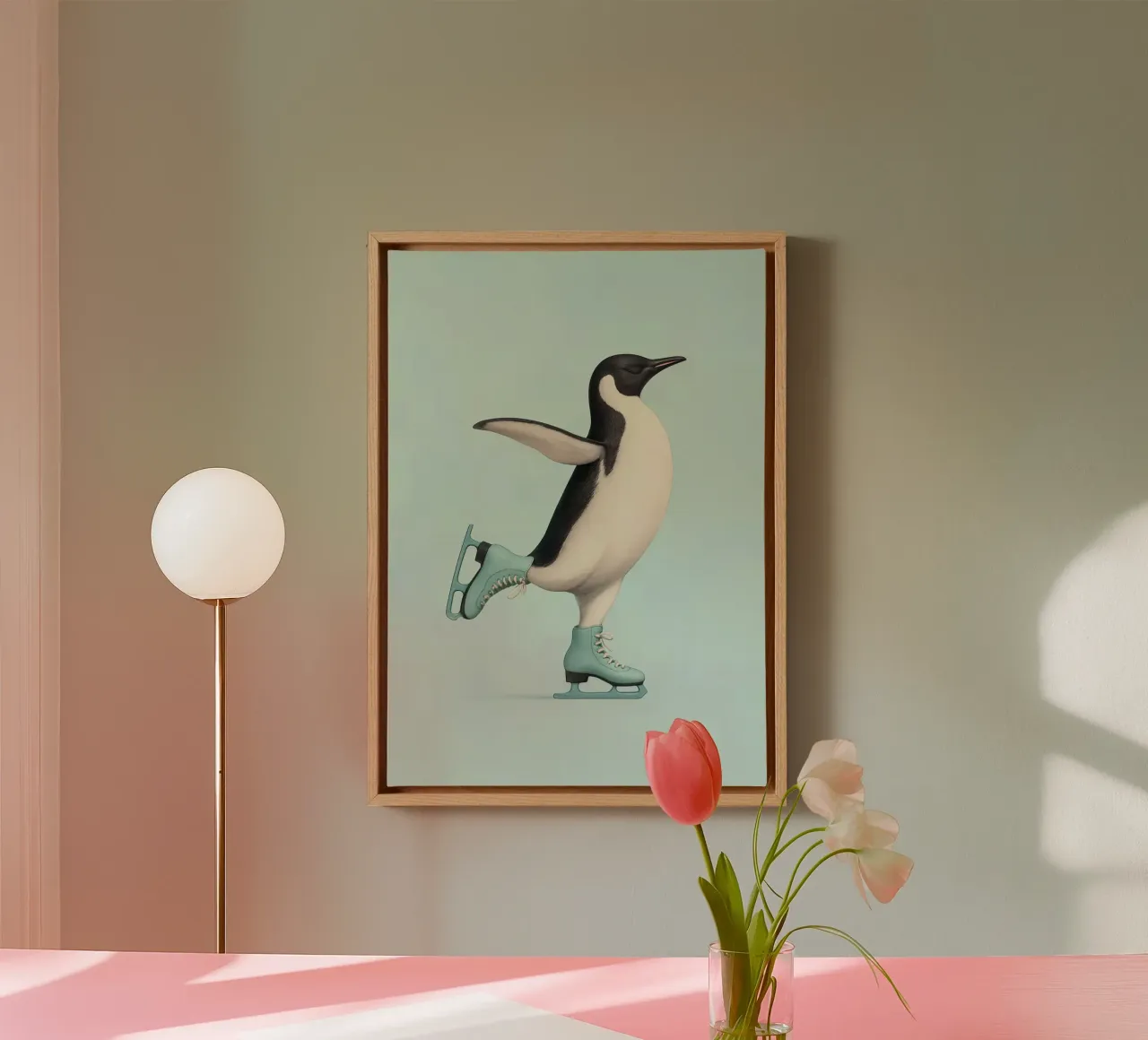 Pinguïn dansend op schaatsen - Winter Joy in Mintgroen canvas met Baklijst van Lootprint