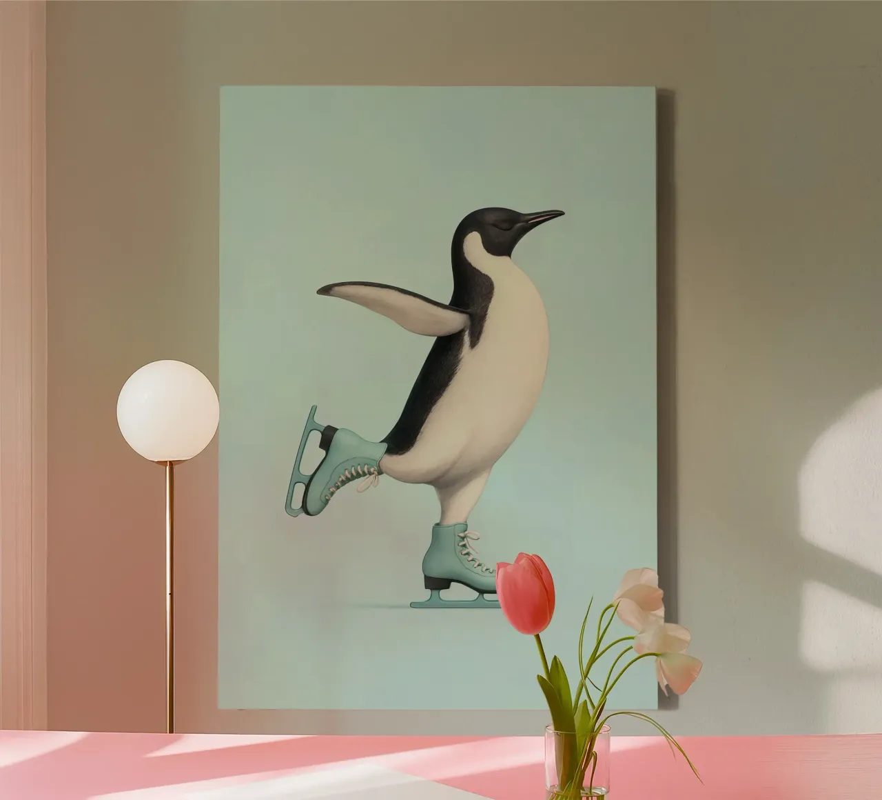 Pinguïn dansend op schaatsen - Winter Joy in Mintgroen canvas met Baklijst van Lootprint