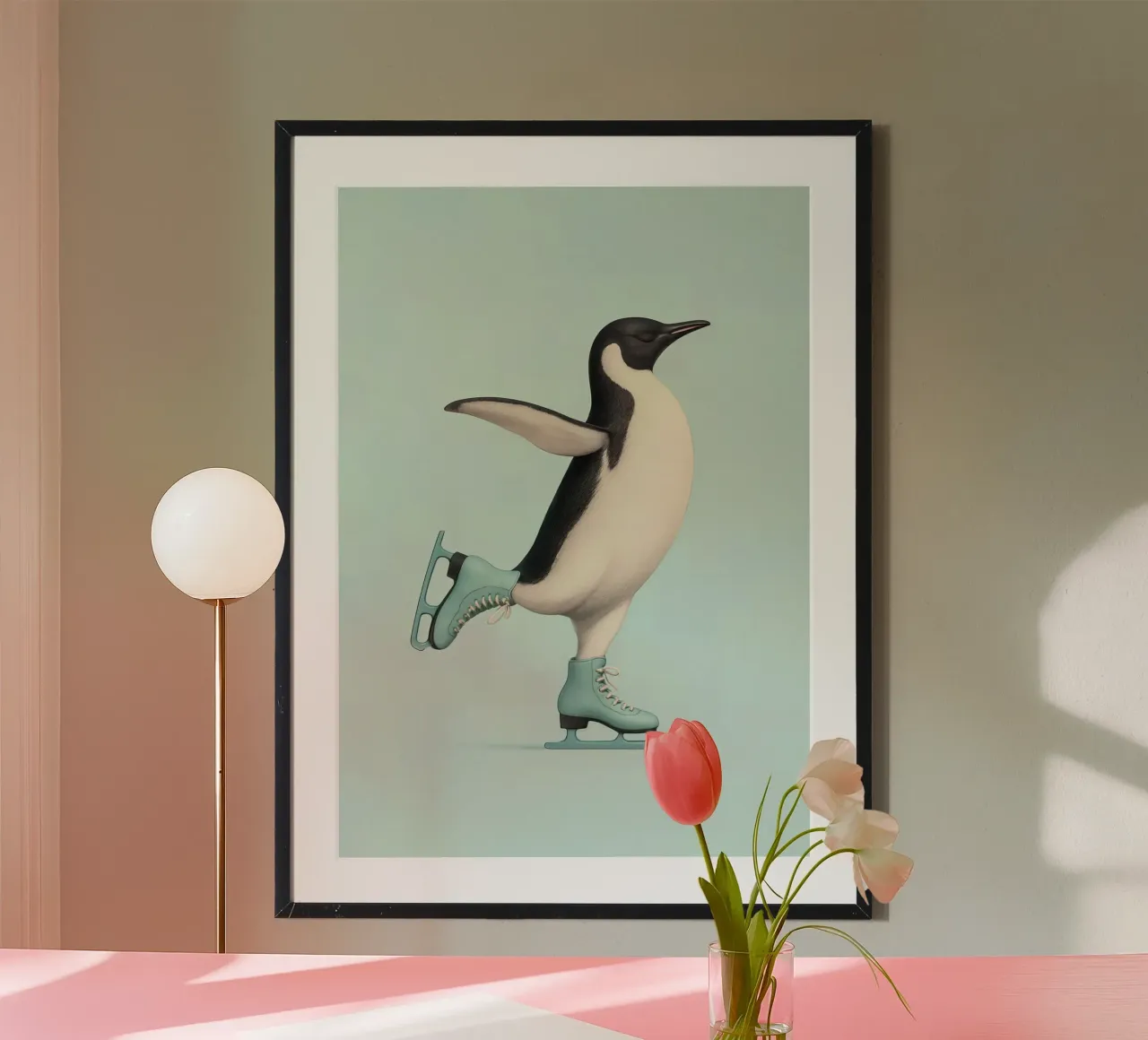 Penguin Dancing on Ice Skates – Winter Joy in Mint Green hahnemühle by Lootprint