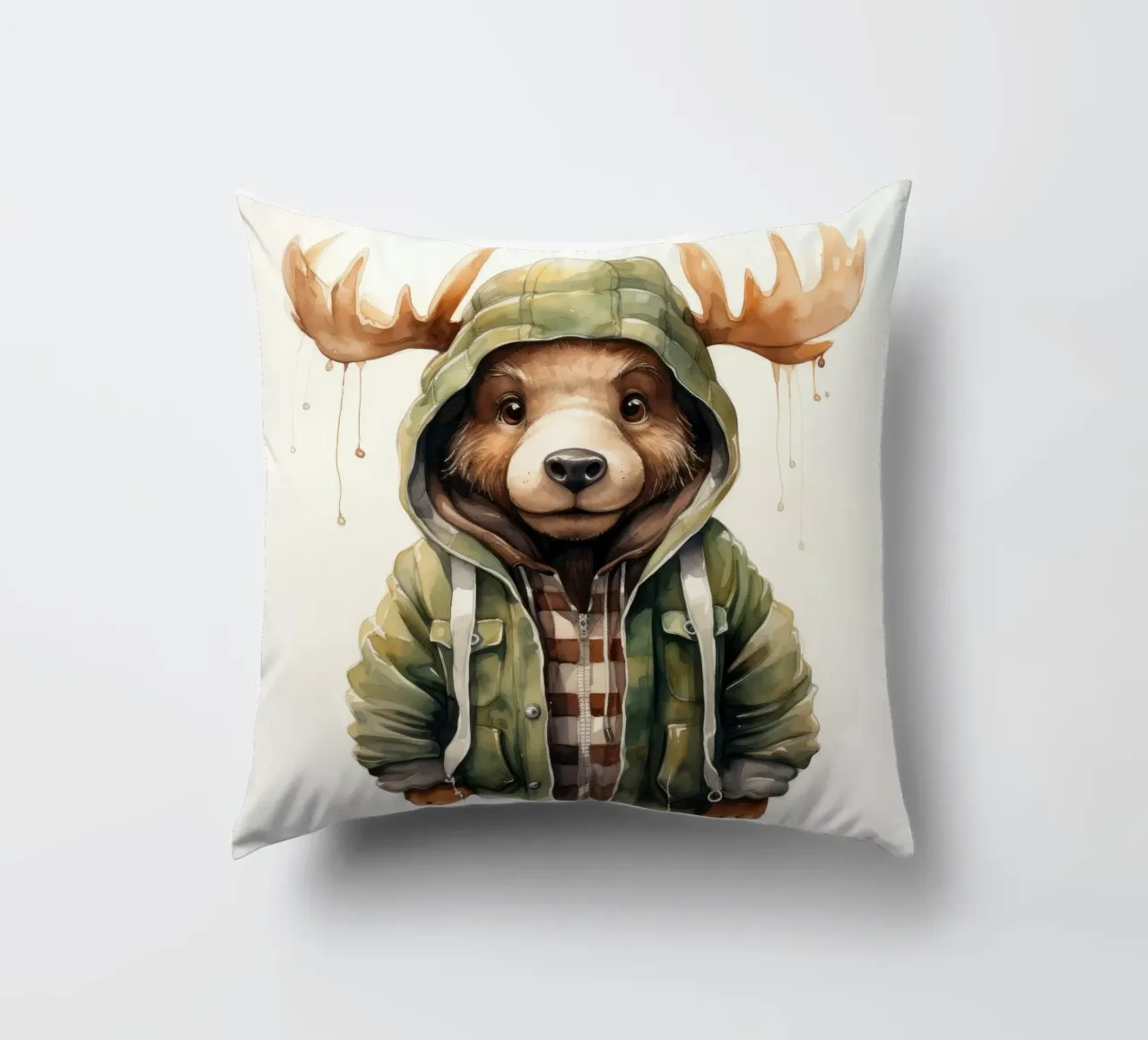 Cartone animato acquerellato Alce in felpa con cappuccio cuscino da Animal Portraits
