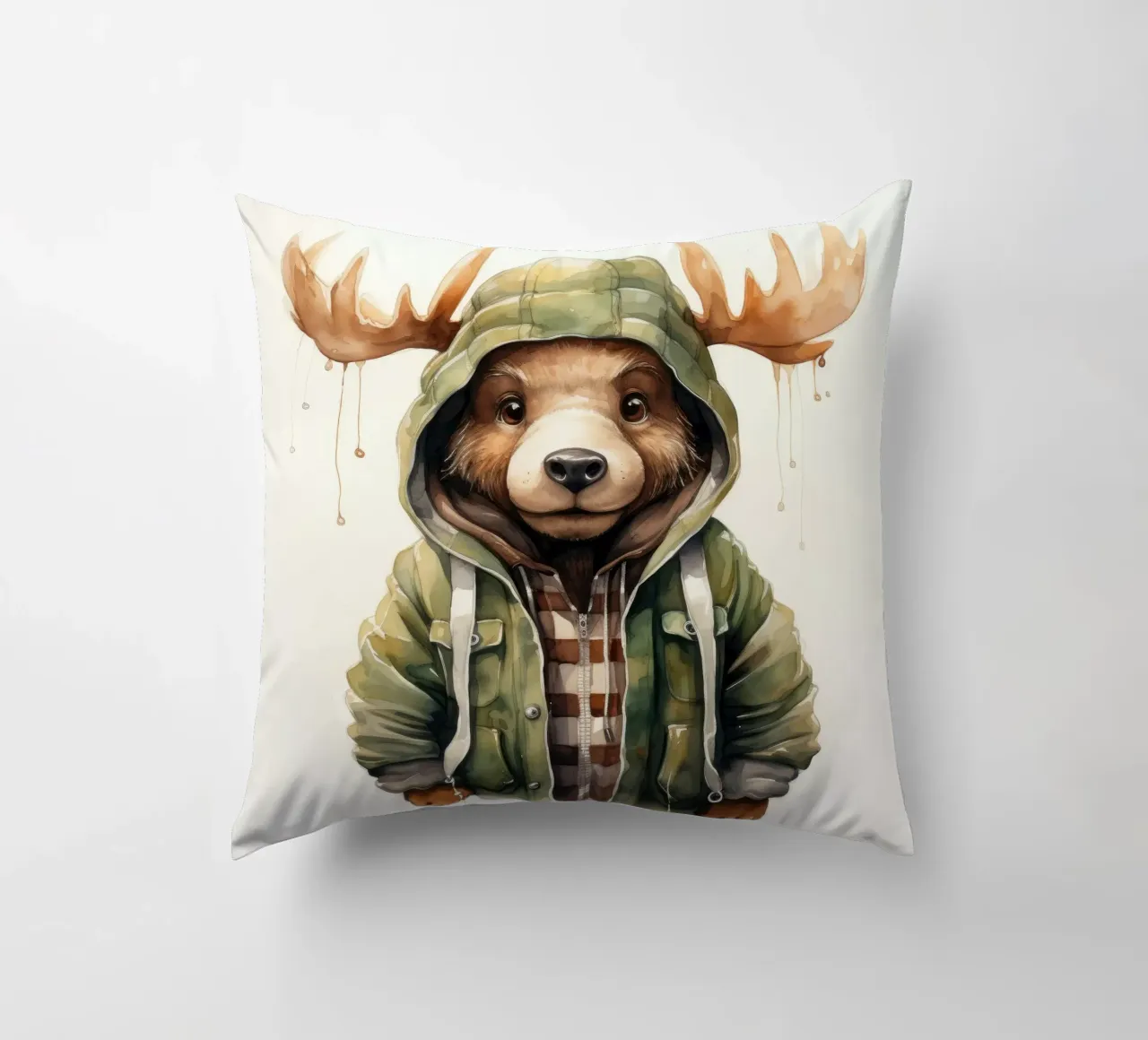 Cartone animato acquerellato Alce in felpa con cappuccio cuscino da Animal Portraits