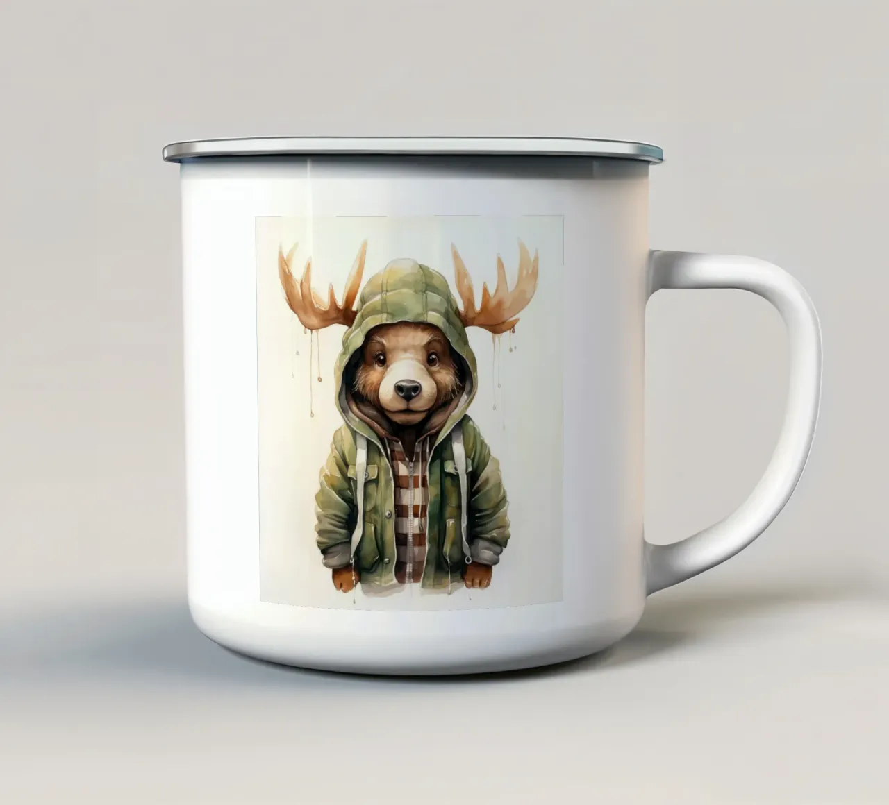Cartone animato acquerellato Alce in felpa con cappuccio tazza in smalto da Animal Portraits