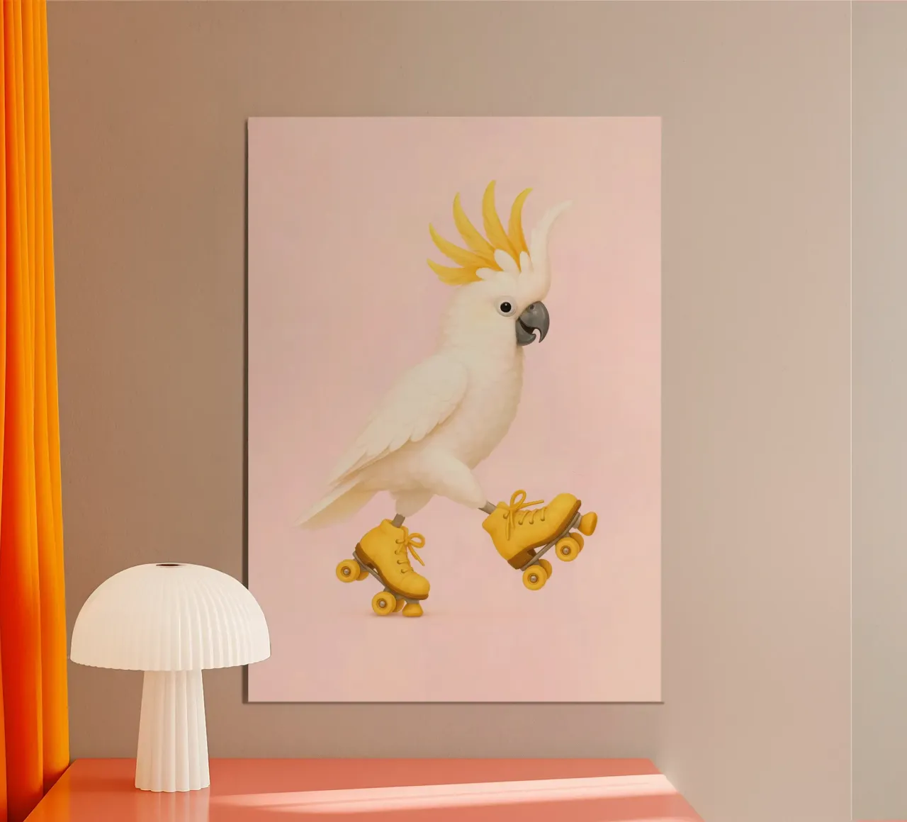 Cacatua giallo sui pattini - Poster per uccelli tropicali felici poster con telaio in alluminio da Lootprint