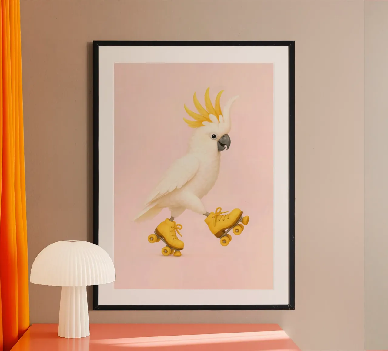 Cacatua giallo sui pattini - Poster per uccelli tropicali felici poster con telaio in alluminio da Lootprint