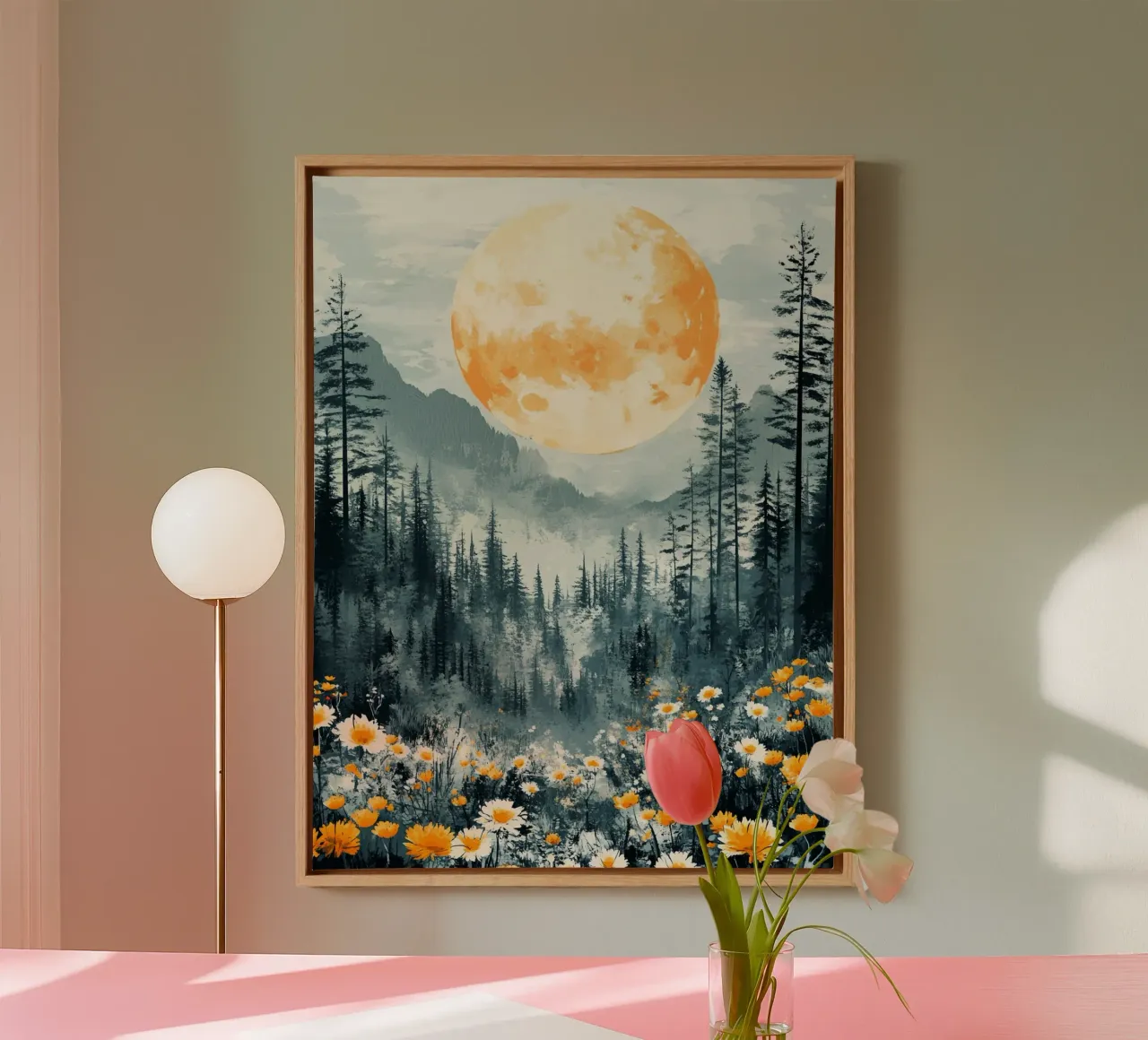 Flowers Forest Mountains Moon tela con Cornice a cassetta da Mateo