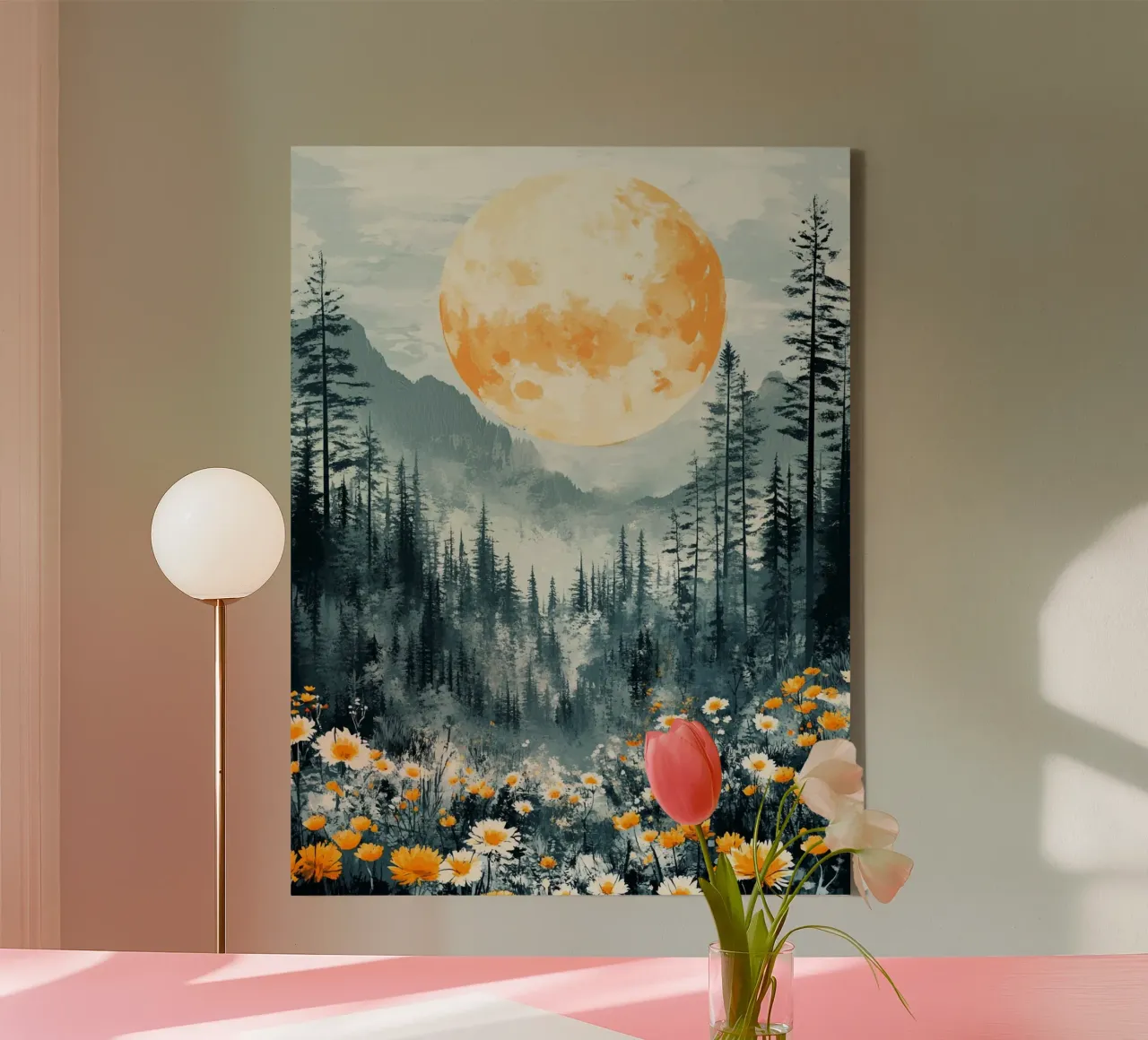 Flowers Forest Mountains Moon tela con Cornice a cassetta da Mateo
