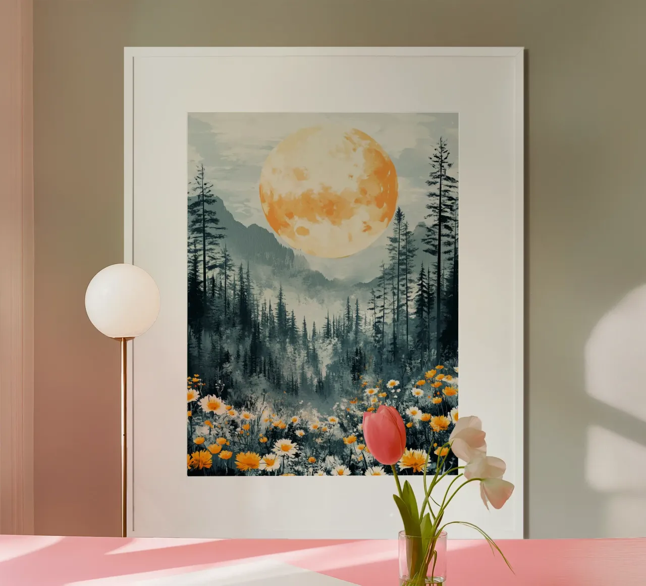 Flowers Forest Mountains Moon poster con telaio in legno da Mateo