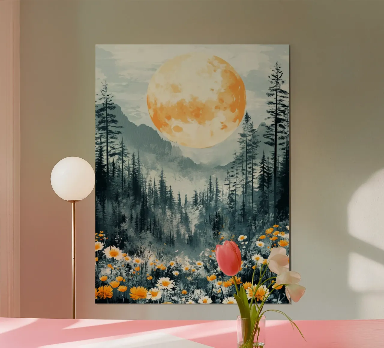 Flowers Forest Mountains Moon poster con telaio in legno da Mateo