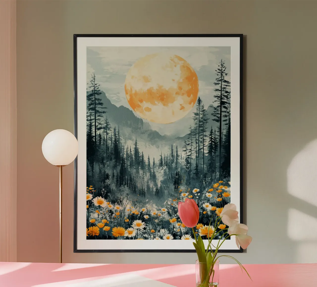 Flowers Forest Mountains Moon poster con telaio in legno da Mateo