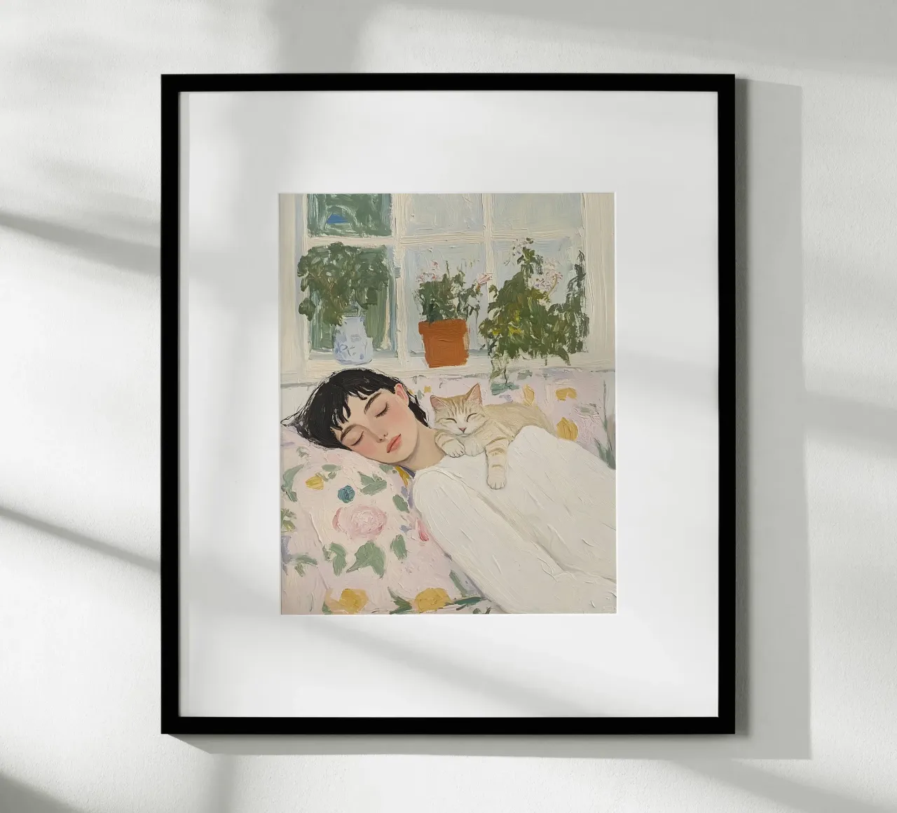Arte astratta, Donna addormentata con gatto poster con telaio in legno da Little Lila
