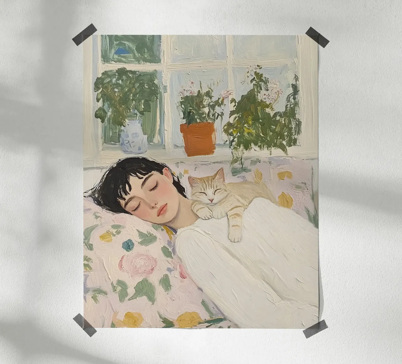 Arte astratta, Donna addormentata con gatto poster con telaio in legno da Little Lila