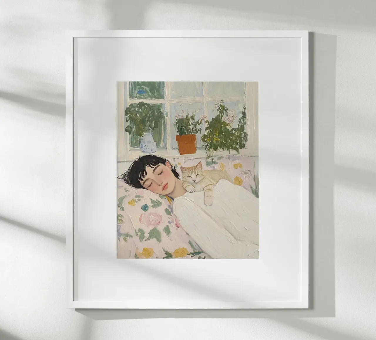Arte astratta, Donna addormentata con gatto poster con telaio in legno da Little Lila