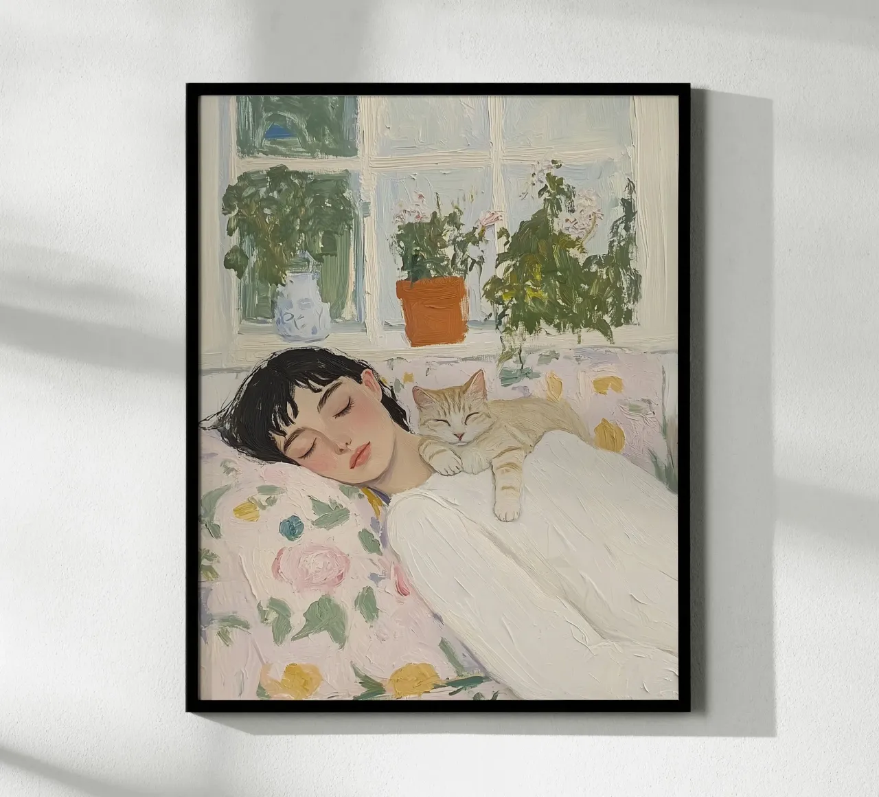 Arte astratta, Donna addormentata con gatto poster con telaio in legno da Little Lila