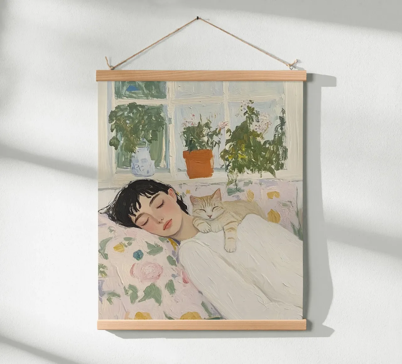 Arte astratta, Donna addormentata con gatto poster con telaio in legno da Little Lila
