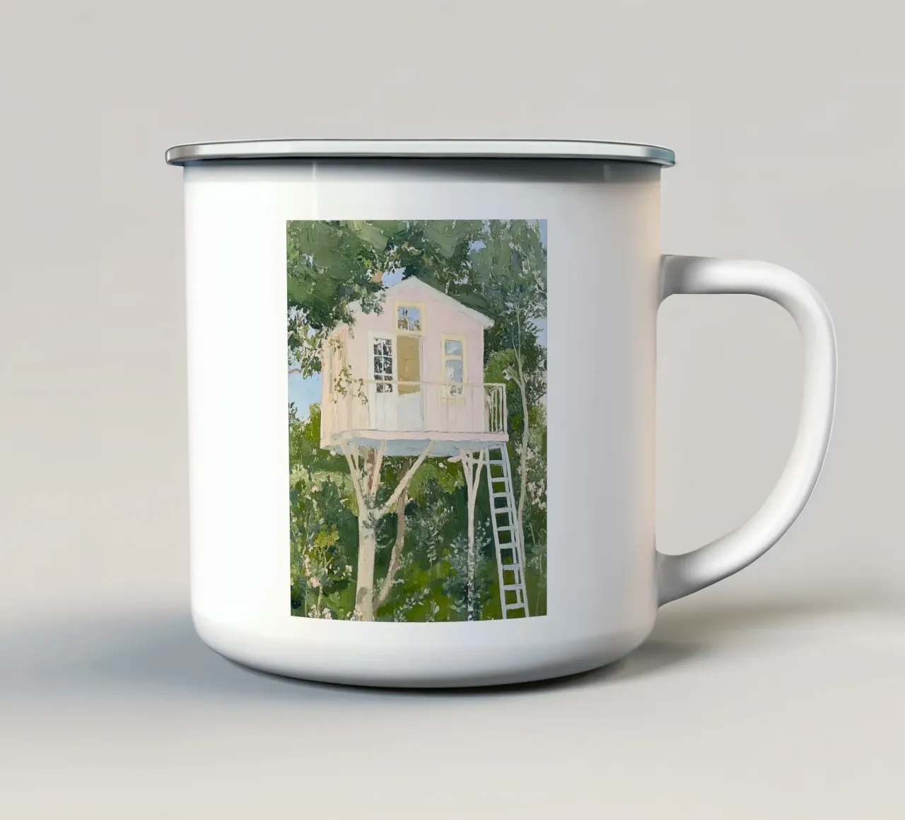 Treehouse Art Print, Nature Poster enamel mug by Little Lila
