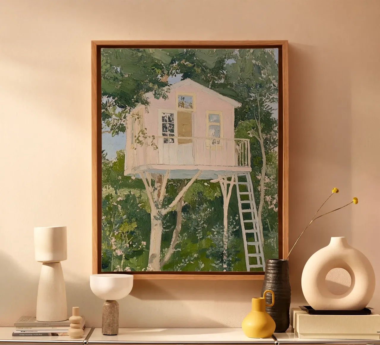 Treehouse Art Print, Nature Poster canvas with Floater frame by Little Lila