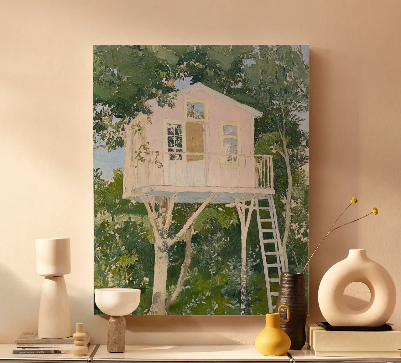 Treehouse Art Print, Nature Poster canvas with Floater frame by Little Lila