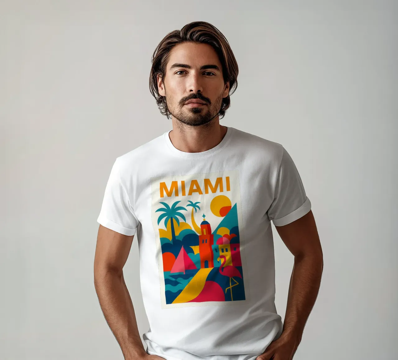 Miami vibes - sun, palm trees and flamingos t-shirt by JETLAG | affiches voyage