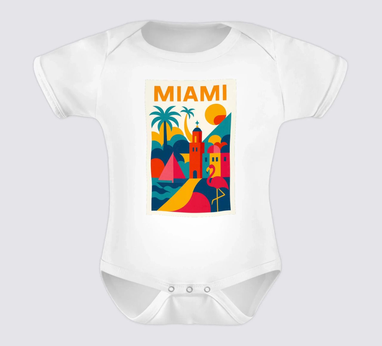 Miami vibes – soleil, palmiers et flamants roses body bébé de JETLAG | affiches voyage
