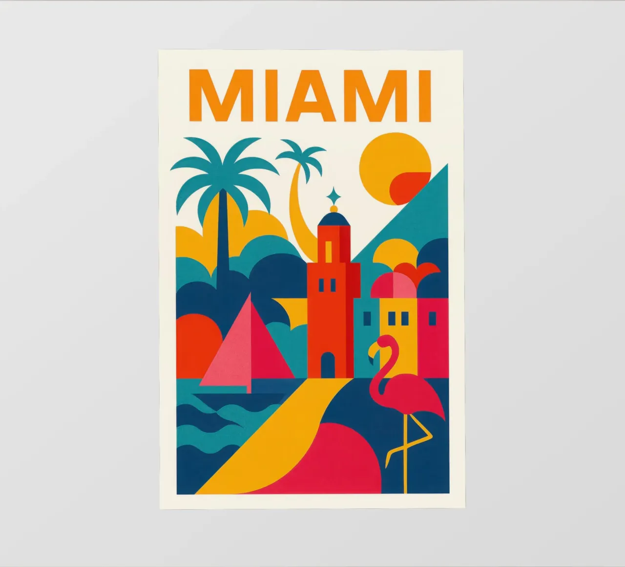 Miami vibes: sole, palme e fenicotteri pellicola backlit da JETLAG | affiches voyage