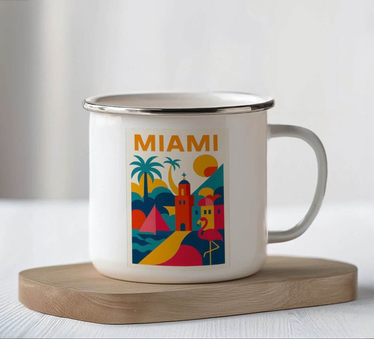 Miami vibes: sole, palme e fenicotteri tazza in smalto da JETLAG | affiches voyage