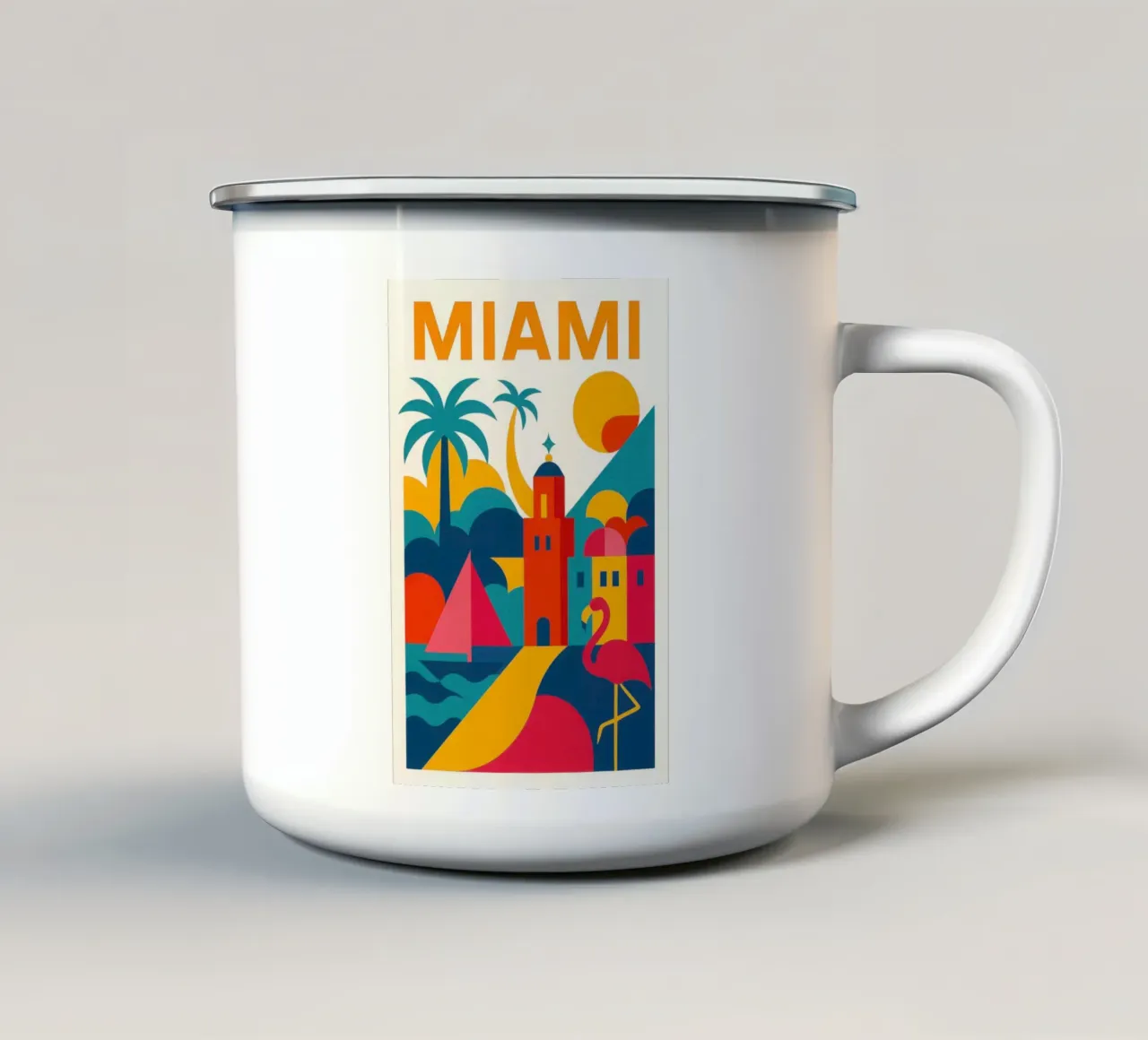 Miami vibes: sole, palme e fenicotteri tazza in smalto da JETLAG | affiches voyage