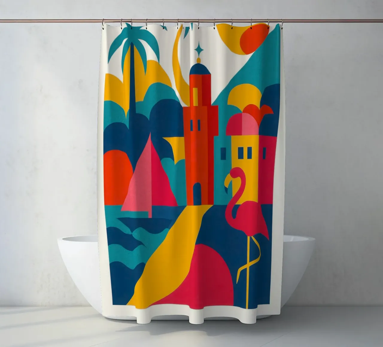 Miami vibes - sun, palm trees and flamingos shower curtain by JETLAG | affiches voyage