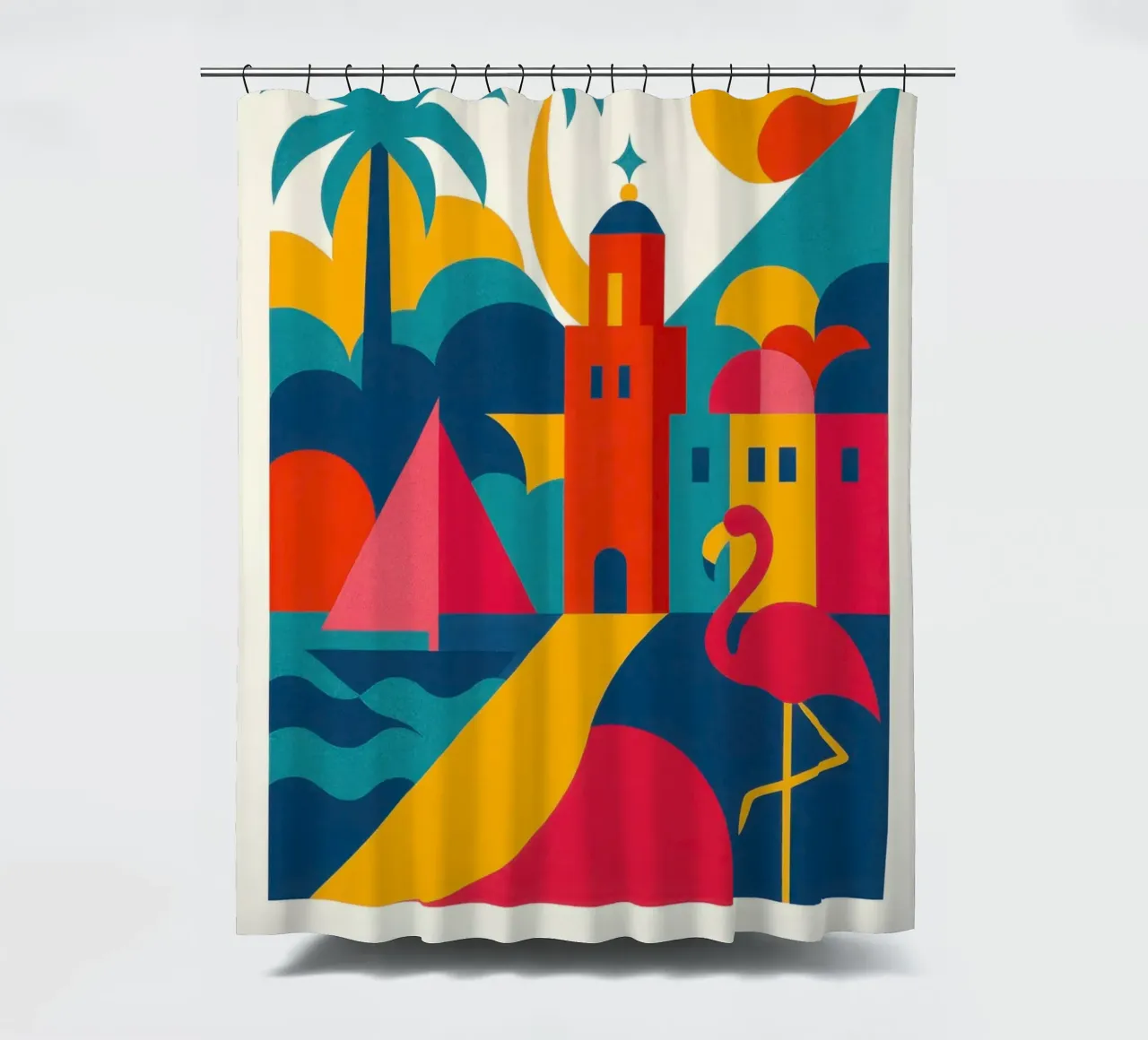 Miami vibes - sun, palm trees and flamingos shower curtain by JETLAG | affiches voyage