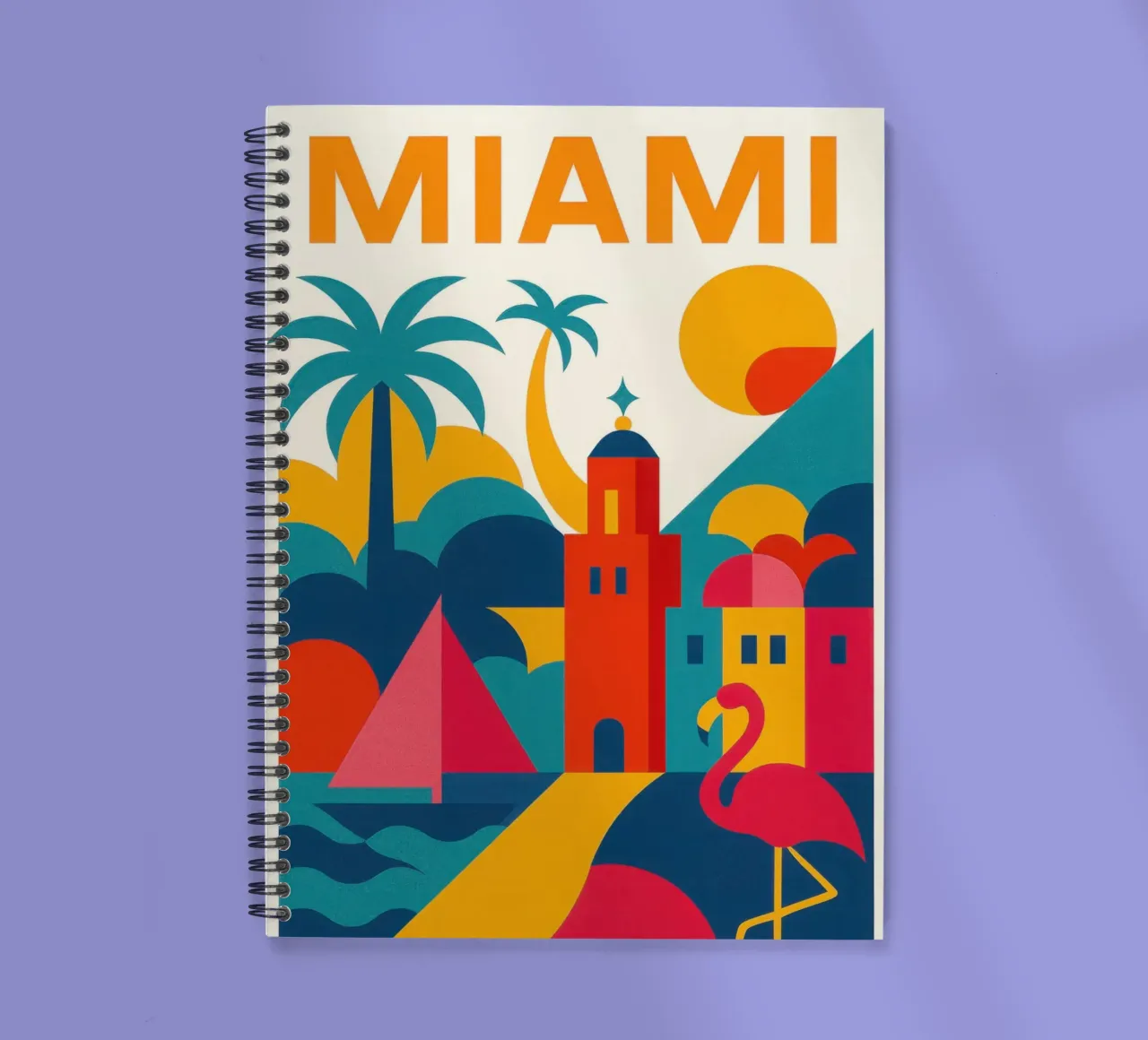 Miami vibes - sun, palm trees and flamingos spiral notebook by JETLAG | affiches voyage