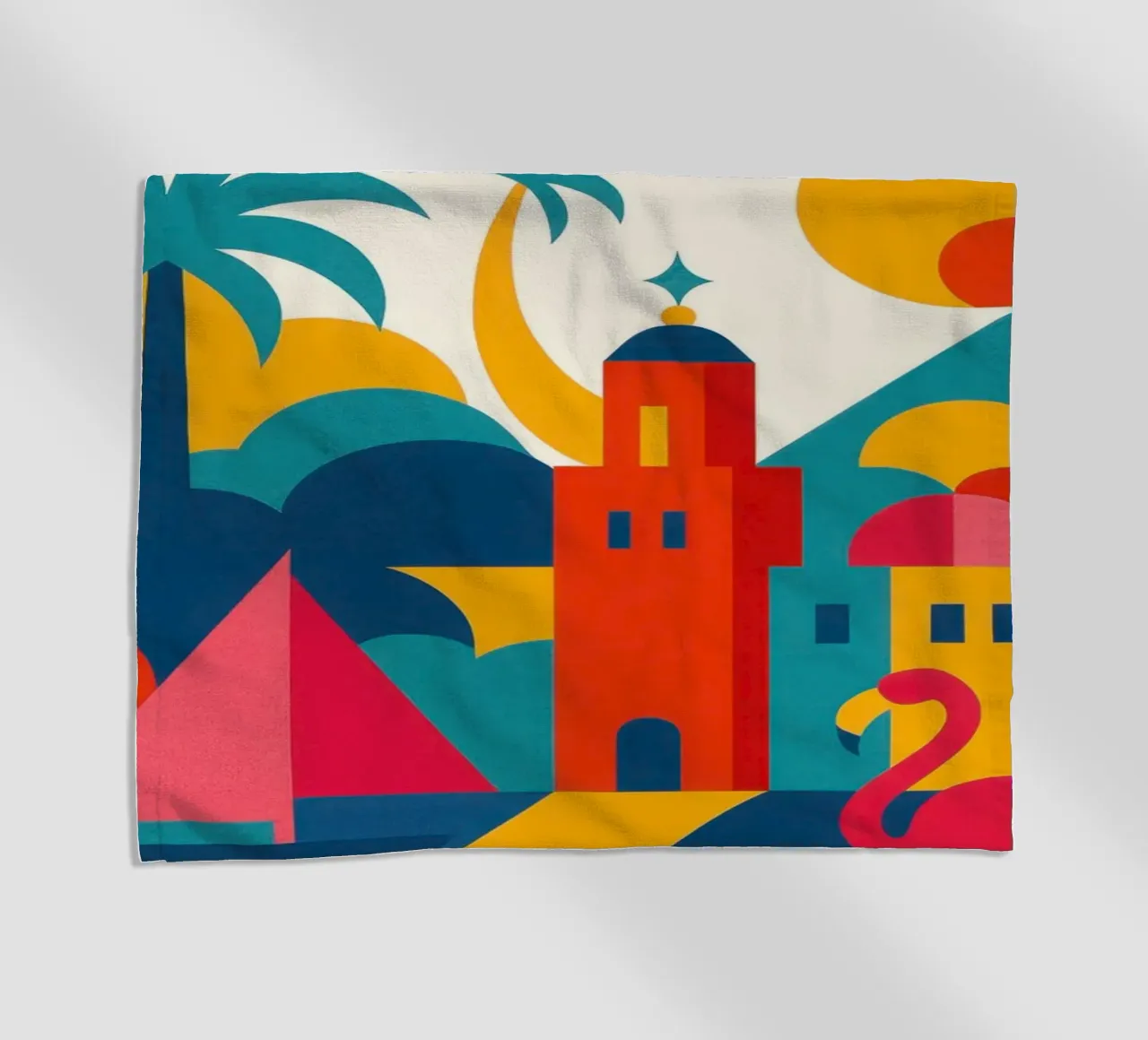 Miami vibes - sun, palm trees and flamingos beach towel by JETLAG | affiches voyage