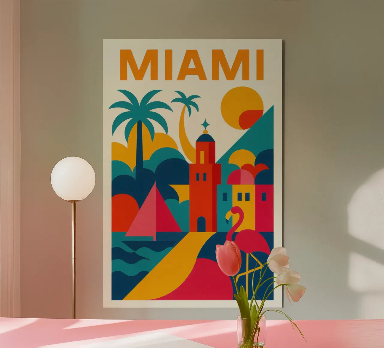 Miami vibes - sun, palm trees and flamingos forex plate by JETLAG | affiches voyage