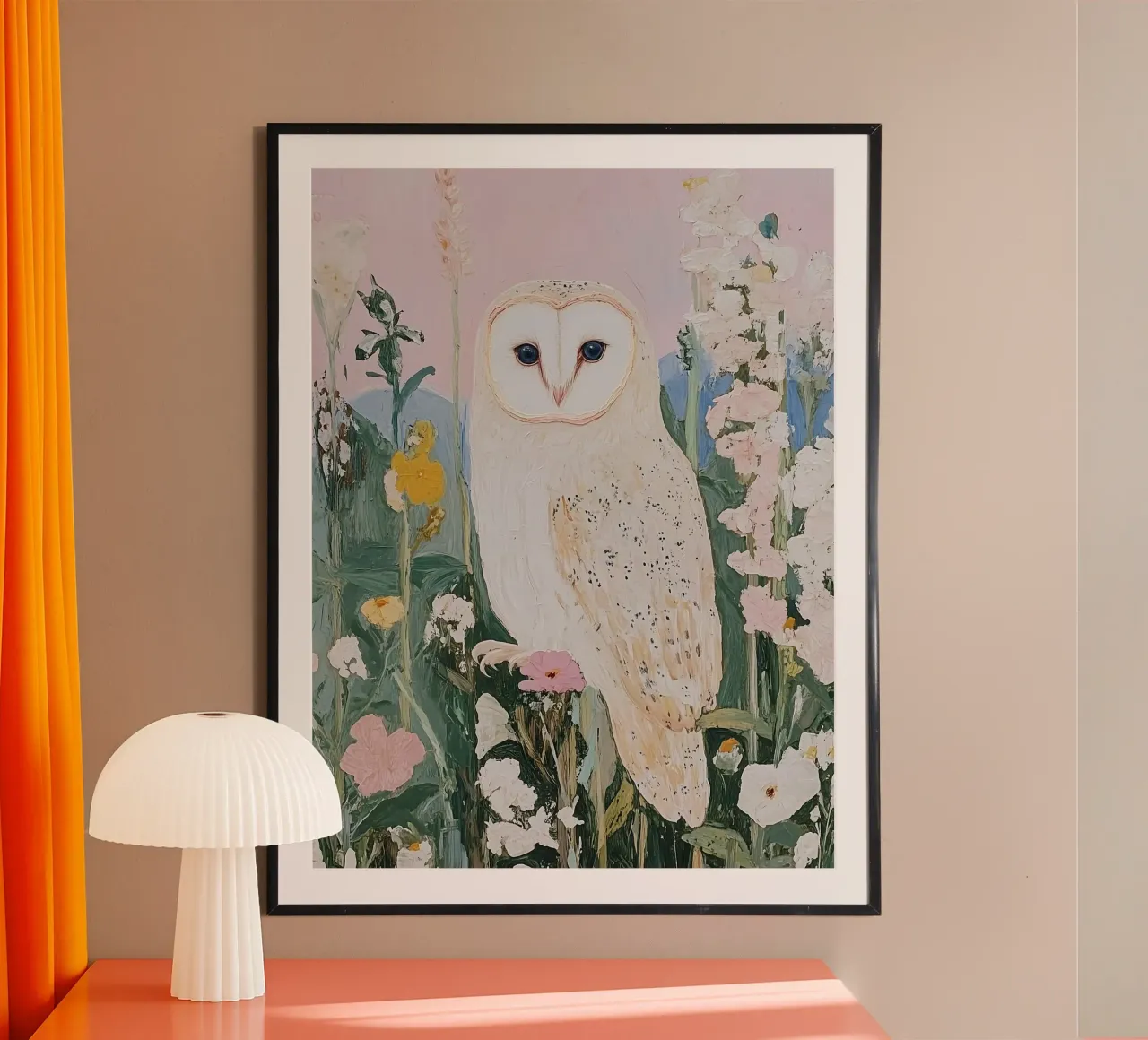 Abstraktes Eulengemälde, Blumendruck, Naturposter Poster mit Kunststoffrahmen von Little Lila