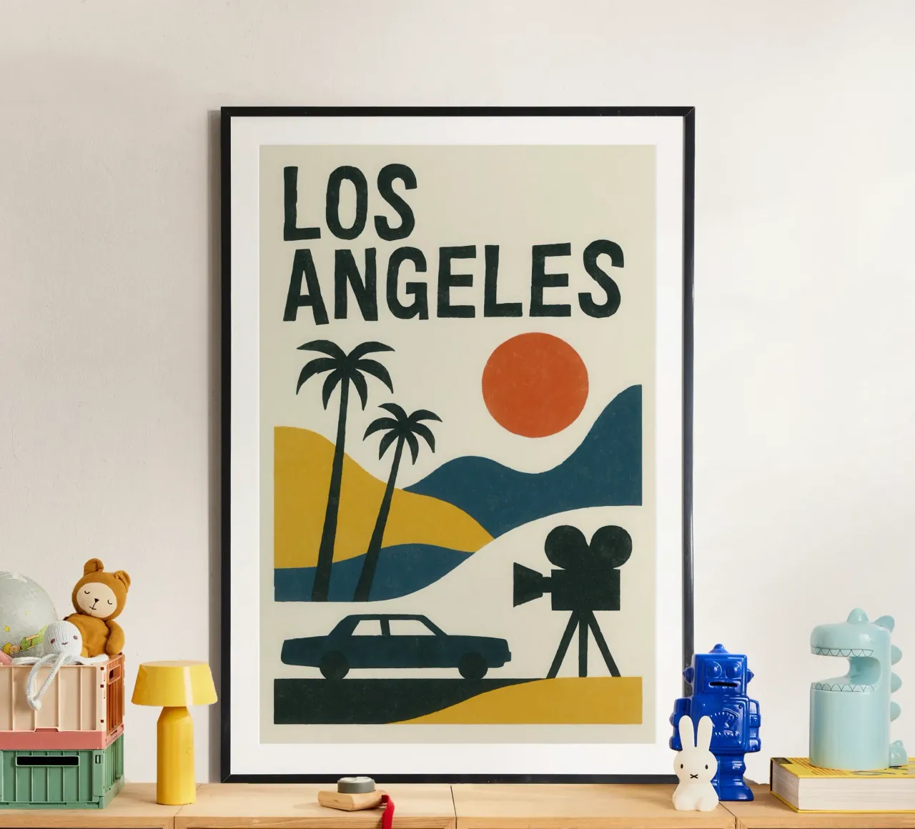 Los Angeles minimal - between desert, palm trees and cinema poster with wooden frame by JETLAG | affiches voyage
