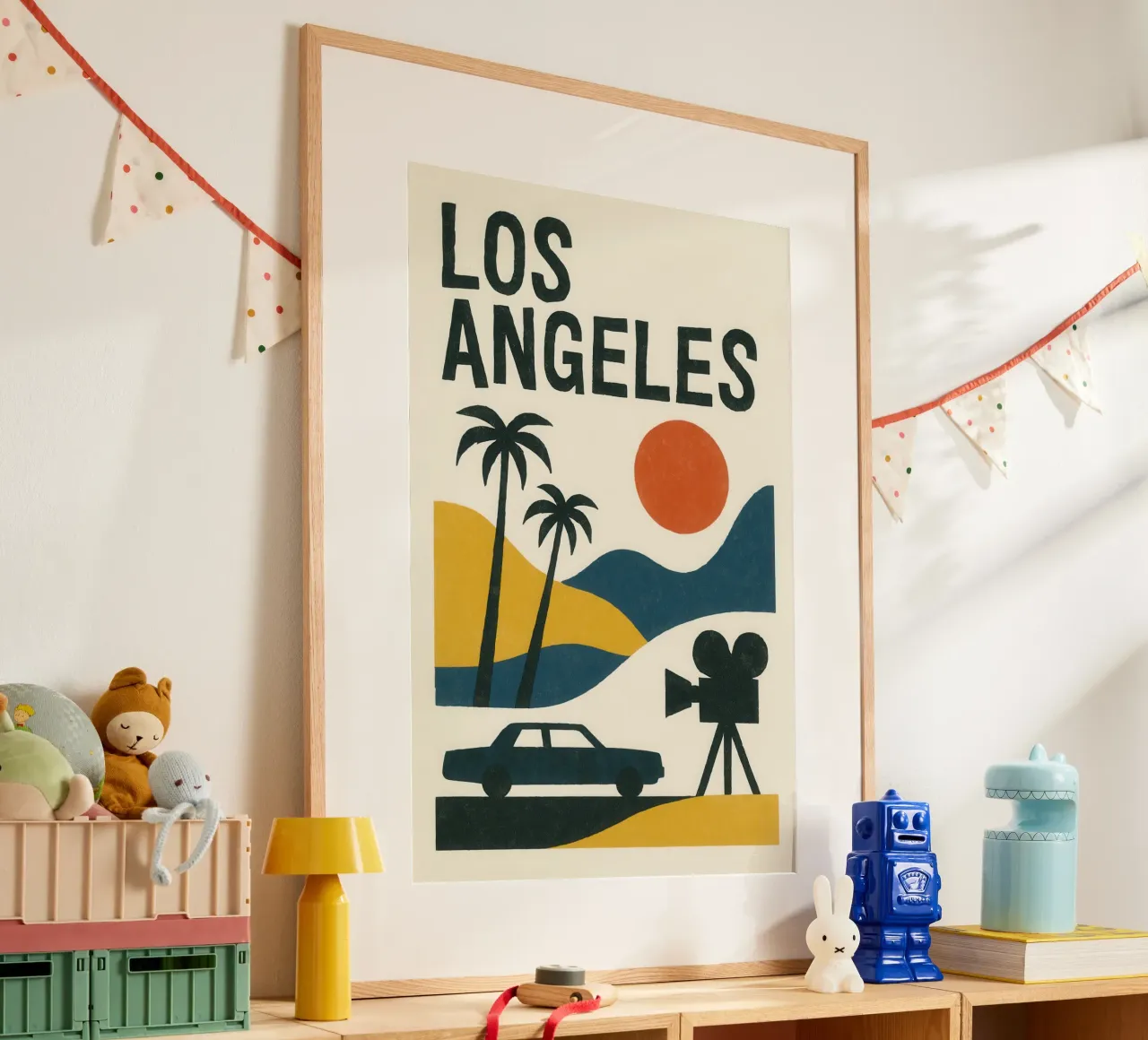 Los Angeles minimal - between desert, palm trees and cinema poster with wooden frame by JETLAG | affiches voyage