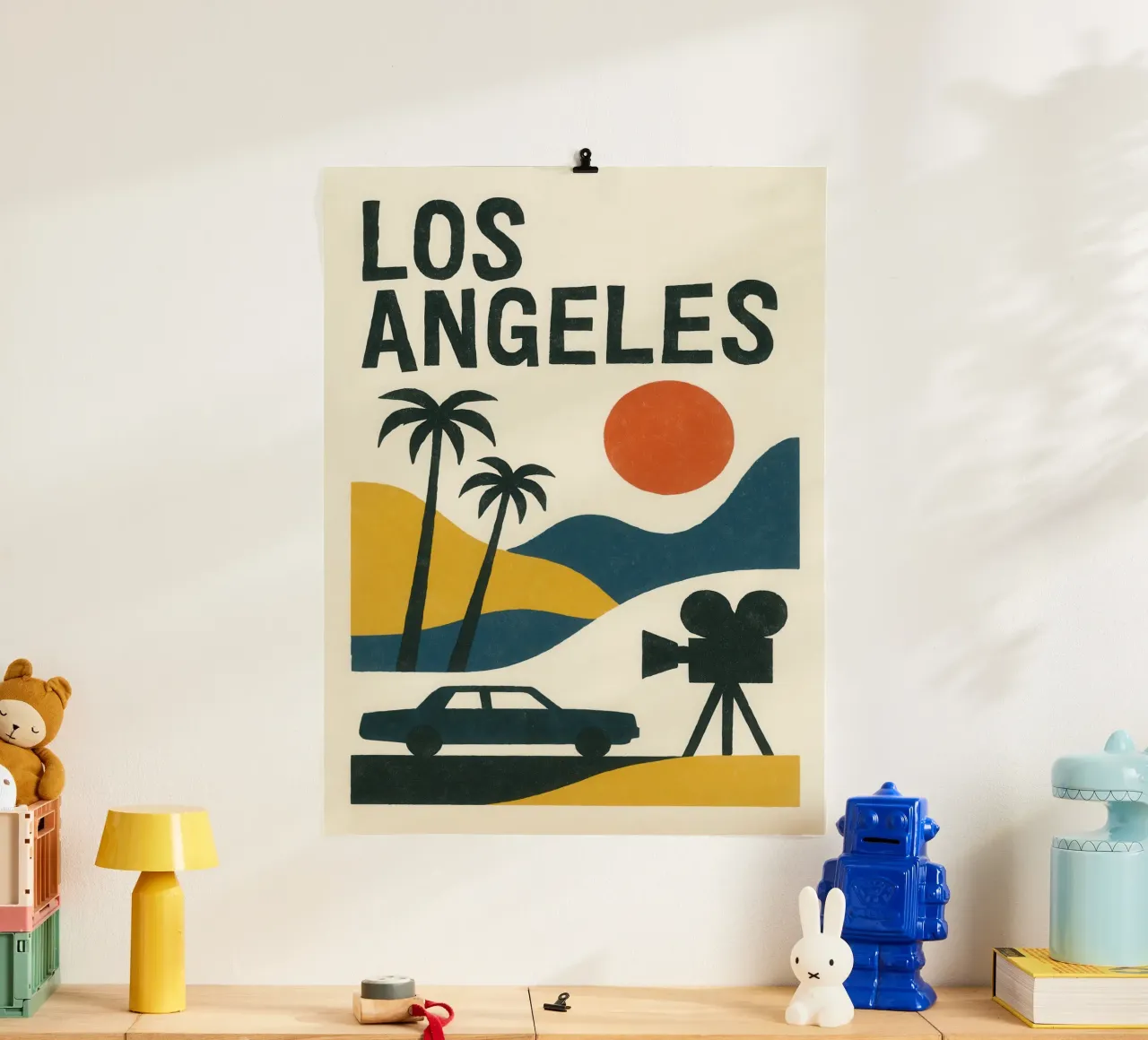 Los Angeles minimal - between desert, palm trees and cinema poster with wooden frame by JETLAG | affiches voyage