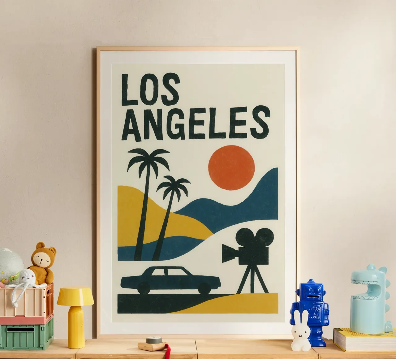 Los Angeles minimal - between desert, palm trees and cinema poster with wooden frame by JETLAG | affiches voyage