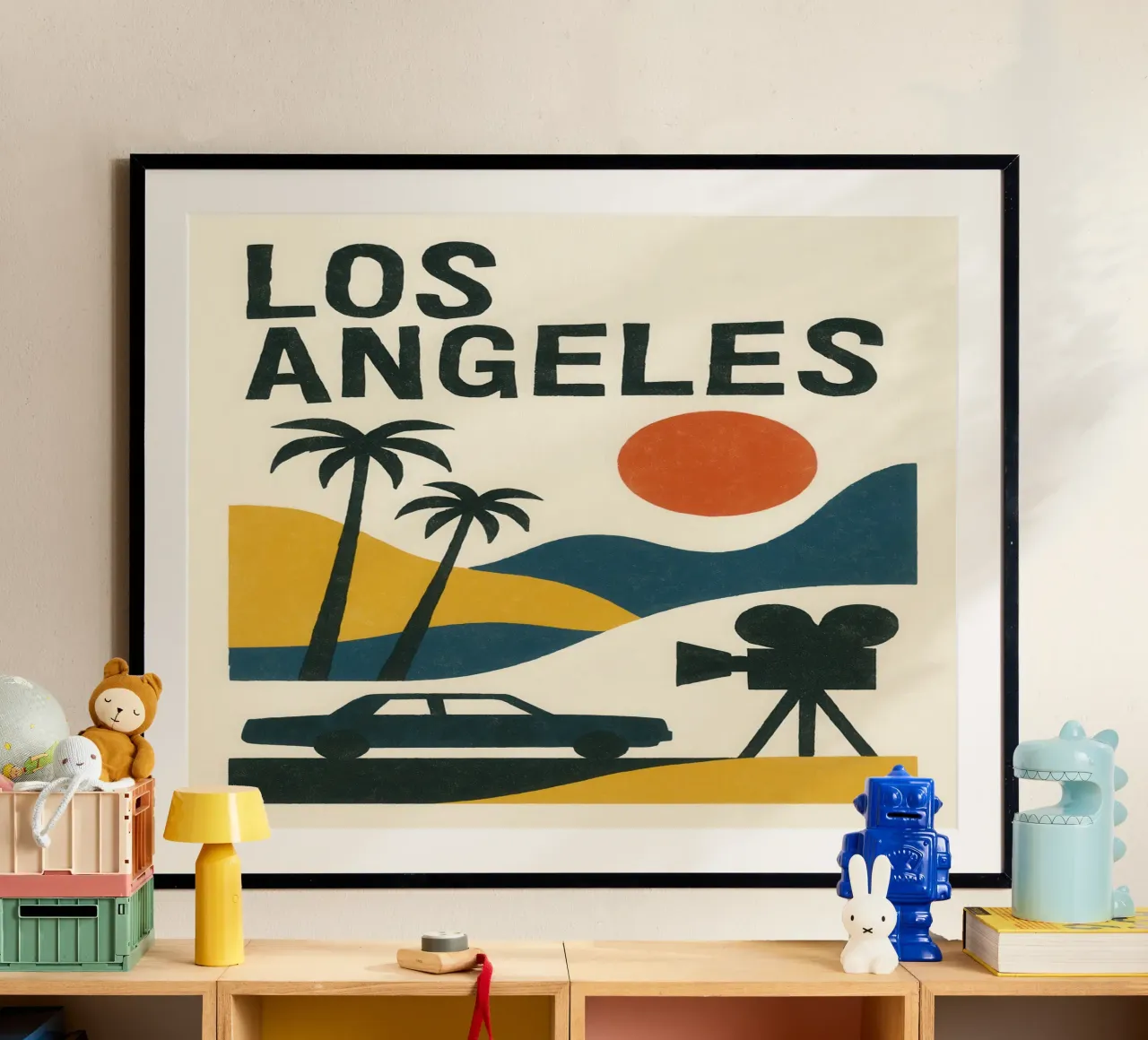 Los Angeles minimal - between desert, palm trees and cinema poster with wooden frame by JETLAG | affiches voyage