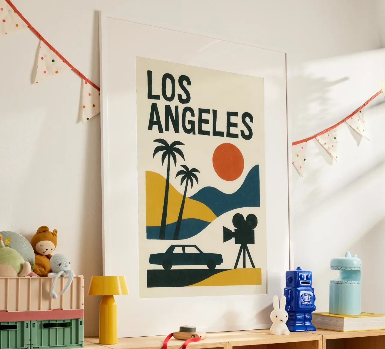 Los Angeles minimal - between desert, palm trees and cinema poster with wooden frame by JETLAG | affiches voyage