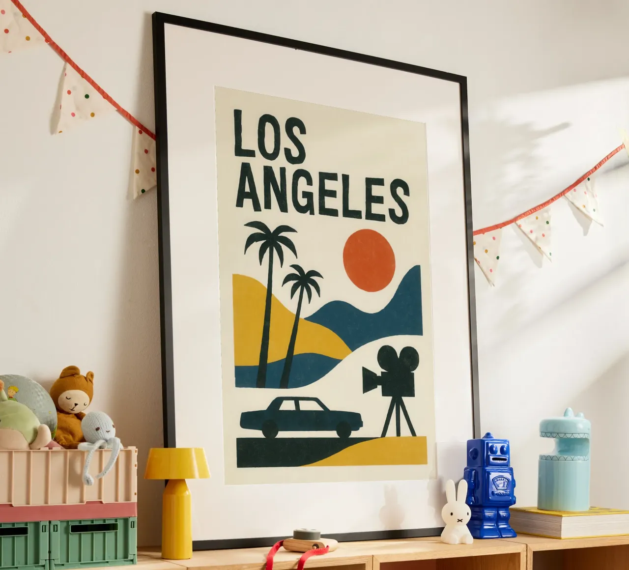 Los Angeles minimal - between desert, palm trees and cinema poster with wooden frame by JETLAG | affiches voyage