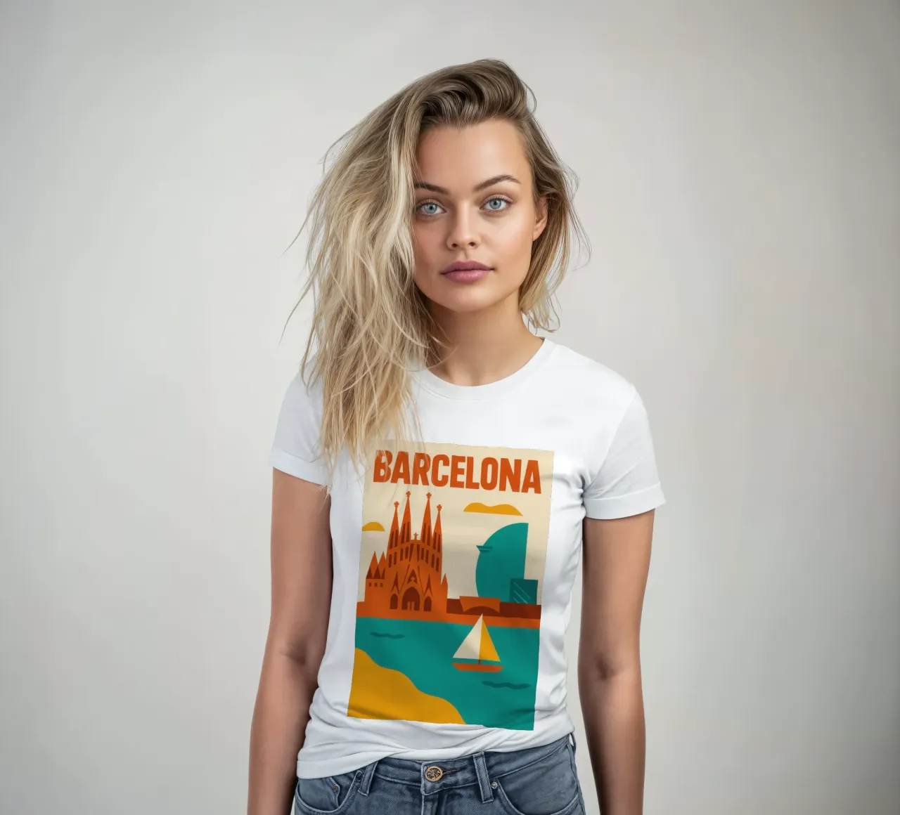 Barcelonas Grafik - zwischen Gaudí und türkisfarbenem Meer Frauen T-Shirt von JETLAG | affiches voyage