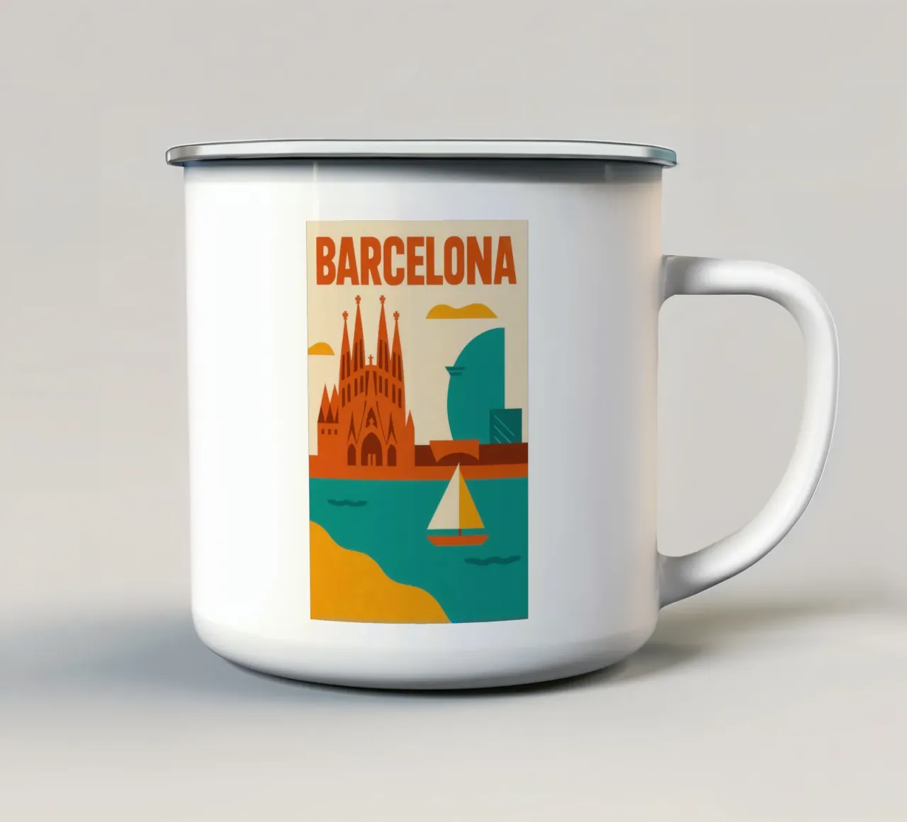 Barcelonas Grafik - zwischen Gaudí und türkisfarbenem Meer Emaille Tasse von JETLAG | affiches voyage