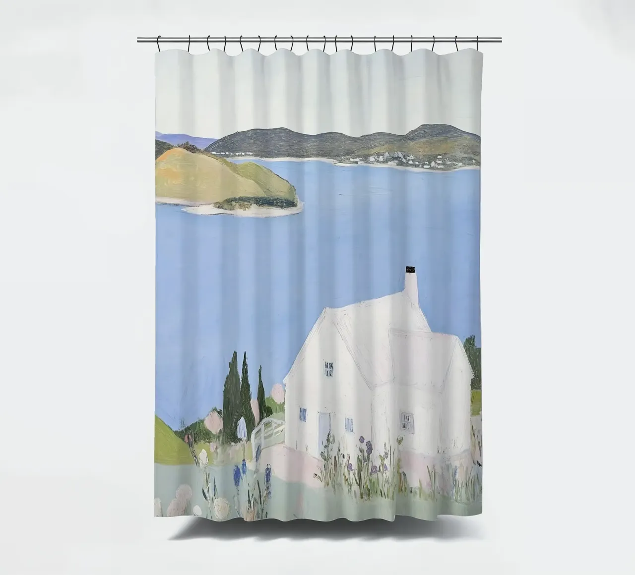 Retro Print, Kust Poster, Landschap Print douchegordijn van Little Lila