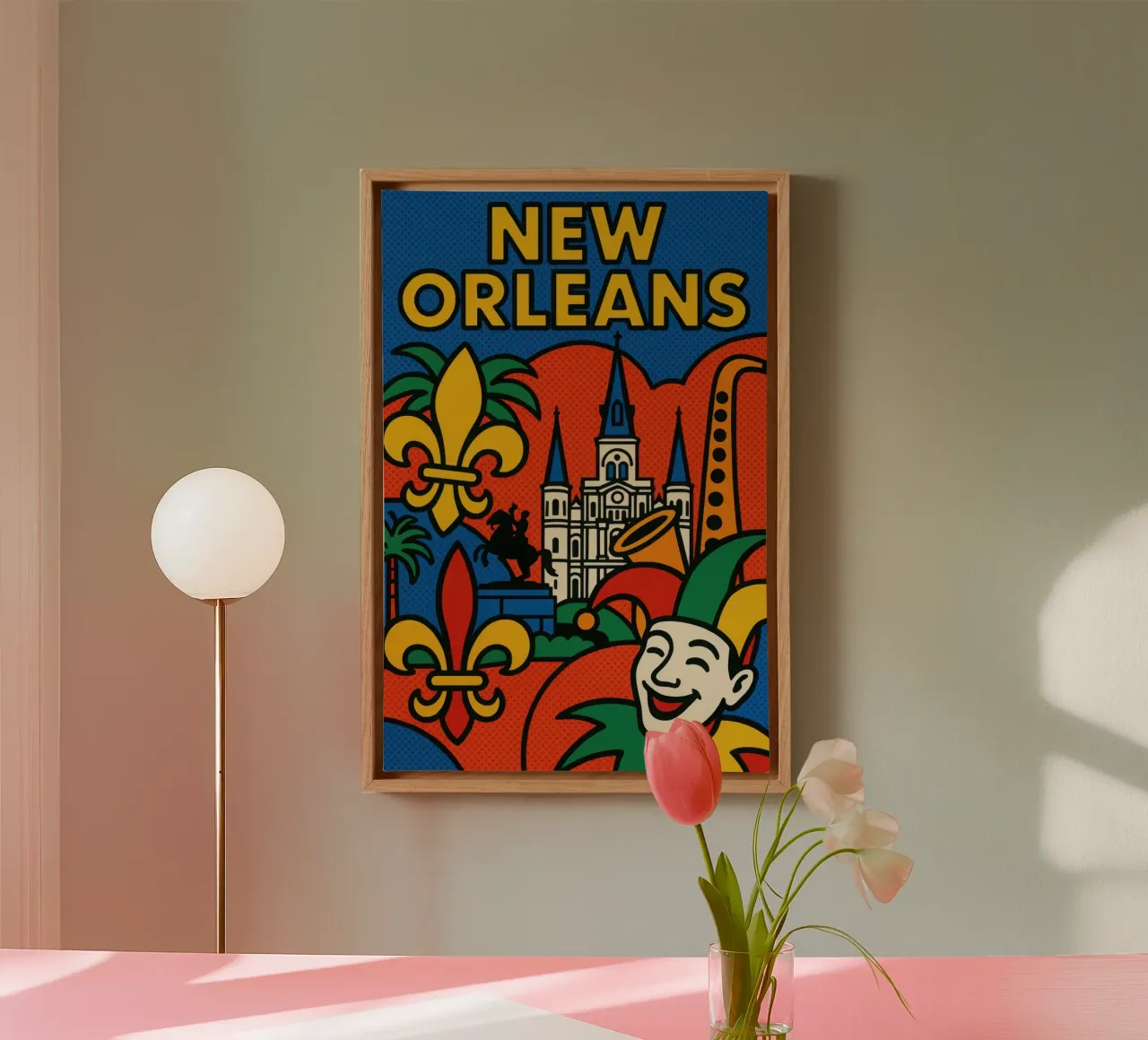 New Orleans pop - jazz, maschere e fleur de lys tela con Cornice a cassetta da JETLAG | affiches voyage