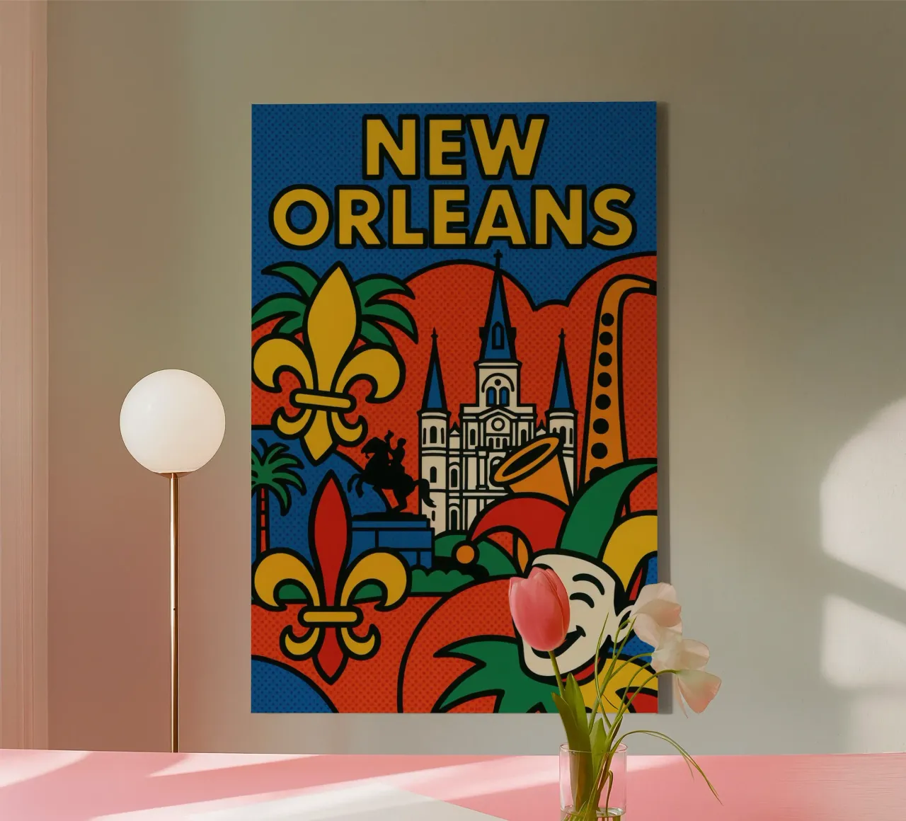 New Orleans pop - jazz, maschere e fleur de lys tela con Cornice a cassetta da JETLAG | affiches voyage