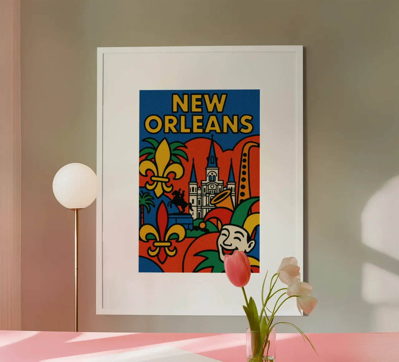 New Orleans pop - jazz, maschere e fleur de lys poster con telaio in plastica da JETLAG | affiches voyage