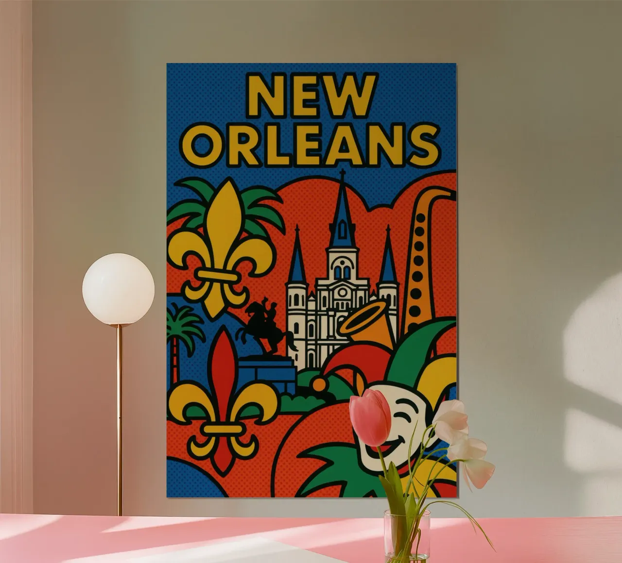 New Orleans pop - jazz, maschere e fleur de lys poster con telaio in plastica da JETLAG | affiches voyage