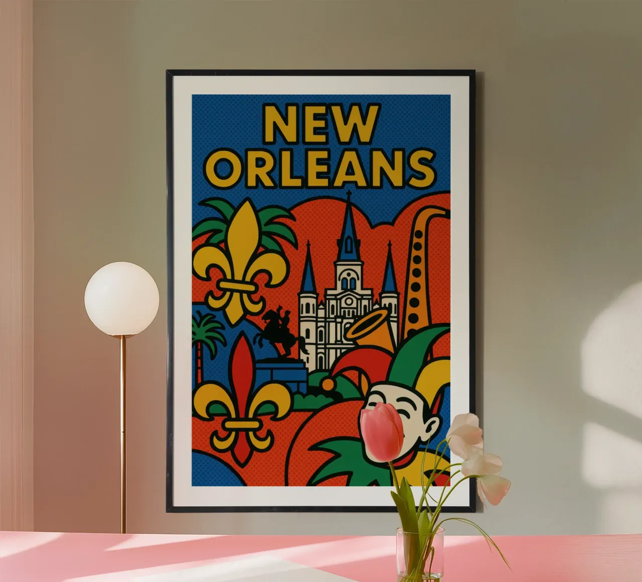 New Orleans pop - jazz, maschere e fleur de lys poster con telaio in plastica da JETLAG | affiches voyage